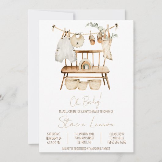 Oh Baby! Boho, Unisex, Baby shower met waslijn Kaart (Voorkant)