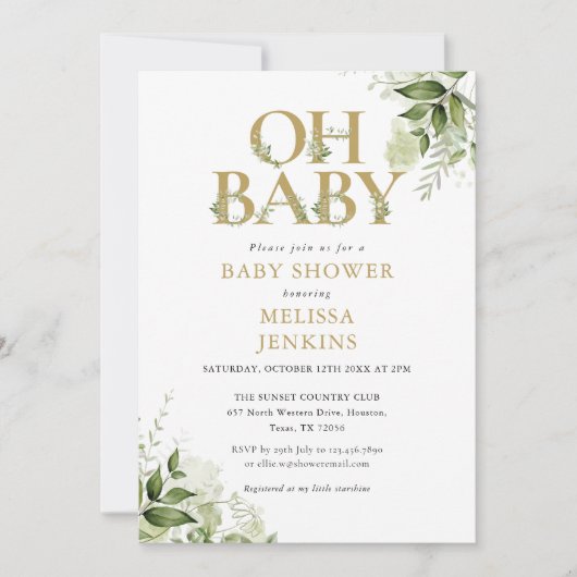 Oh Baby Botanical Greenery Gouden Baby Shower Kaart (Voorkant)