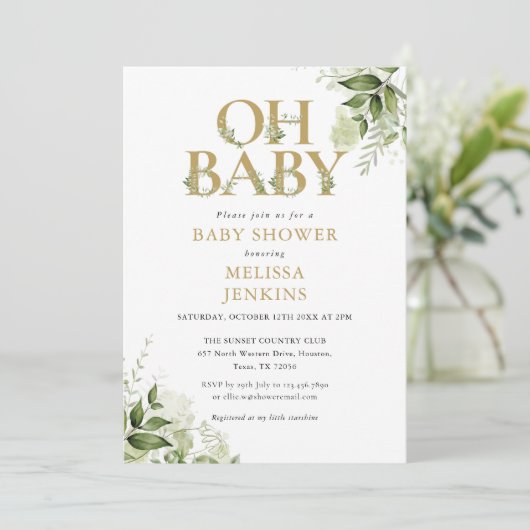 Oh Baby Botanical Greenery Gouden Baby Shower Kaart (Staand voorkant)