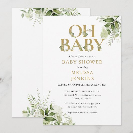 Oh Baby Botanical Greenery Gouden Baby Shower Kaart (Voorkant / Achterkant)
