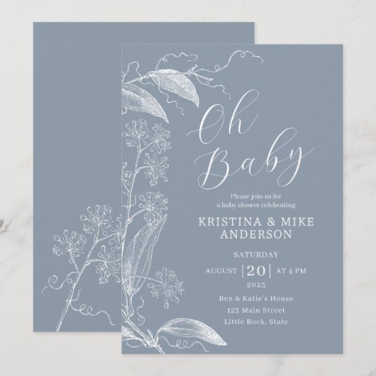 Oh Baby Botanisch Stoffig Blauw Wit Kaart (Voorkant / Achterkant)