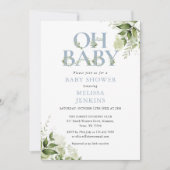 Oh Baby Botanische Greenery Dusty Blue Baby shower Kaart (Voorkant)