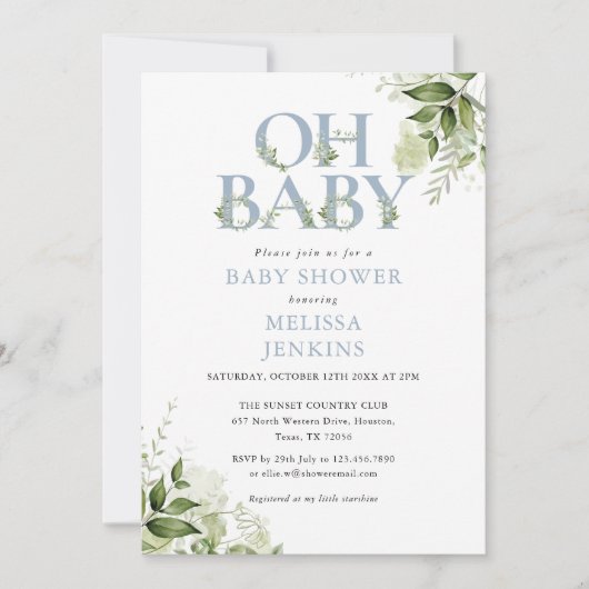 Oh Baby Botanische Greenery Dusty Blue Baby shower Kaart (Voorkant)