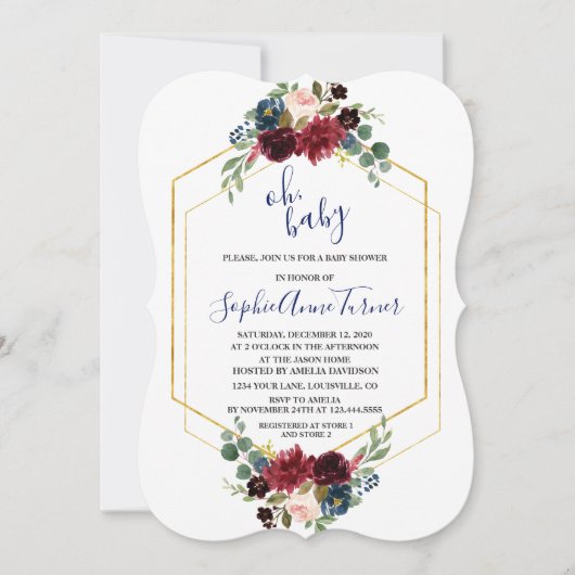Oh BABY Bourgondië Bloem Goud Zeshoek Baby Shower Kaart (Voorkant)