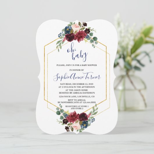 Oh BABY Bourgondië Bloem Goud Zeshoek Baby Shower Kaart (Staand voorkant)