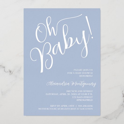 Oh Baby! Boy Baby shower Blue Invitation Folie Uitnodiging (Voorkant)