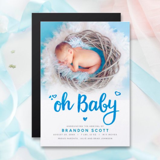 Oh Baby Boy Birth Aankondiging Foto Magnetic Kaart