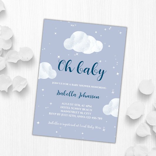 Oh Baby Boy Blue Clouds Sky Stars Baby shower Kaart