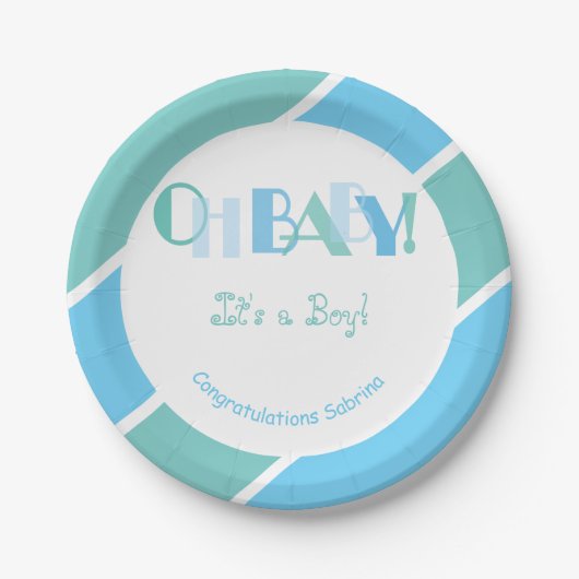 Oh Baby Boy Blue Modern Baby shower Papieren Bordje (Voorkant)