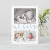 Oh Baby Boy Blue Script Collage Foto Birth Aankondiging (Staand voorkant)