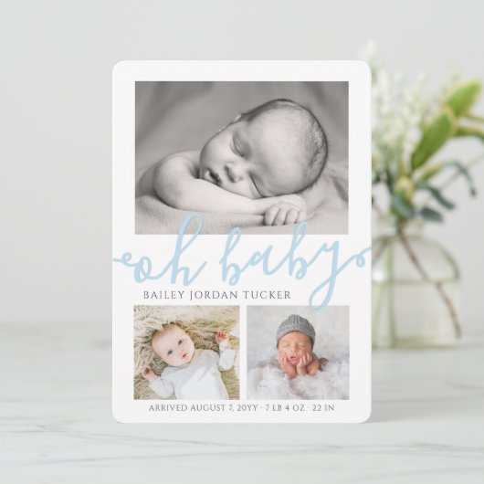 Oh Baby Boy Blue Script Collage Foto Birth Aankondiging (Staand voorkant)