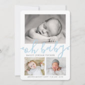 Oh Baby Boy Blue Script Collage Foto Birth Aankondiging (Voorkant)