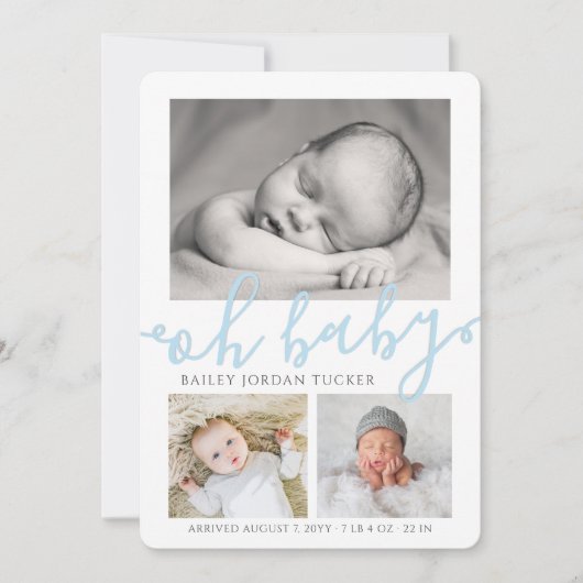Oh Baby Boy Blue Script Collage Foto Birth Aankondiging (Voorkant)