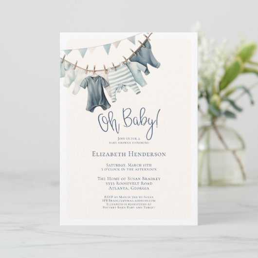 Oh Baby Boy  Clothesline Baby shower Kaart (Staand voorkant)