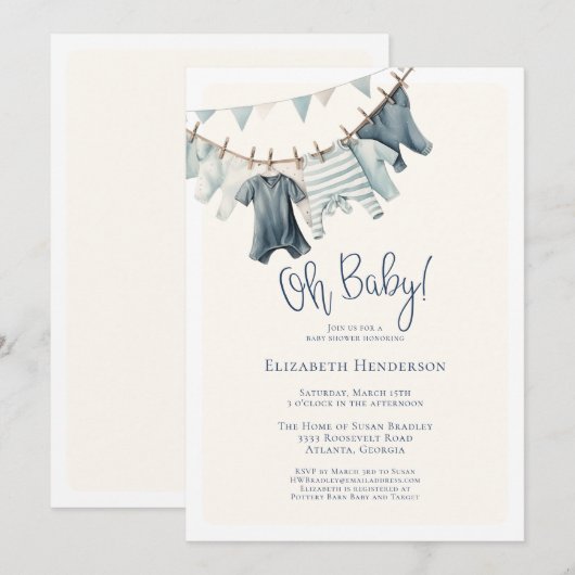 Oh Baby Boy  Clothesline Baby shower Kaart (Voorkant / Achterkant)