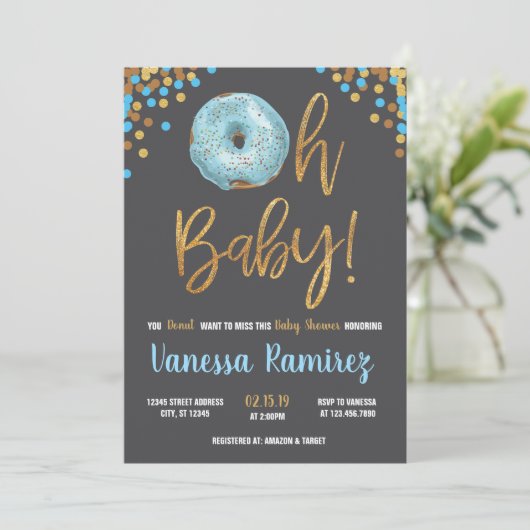 Oh Baby Boy Donut Baby shower Sprinkle Uitnodiging (Staand voorkant)