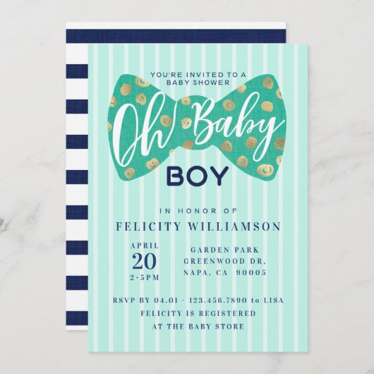 Oh Baby Boy Green & Navy Bow Stropdas Shower Invit Kaart (Voorkant / Achterkant)
