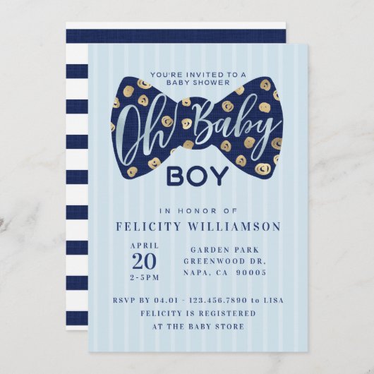 Oh Baby Boy Navy Bow Stropdas Baby shower Uitnodig Kaart (Voorkant / Achterkant)