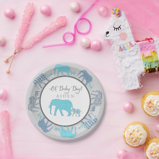 Oh Baby Boy Patterned Elephants Chevron Modern Papieren Bordje (Feest)
