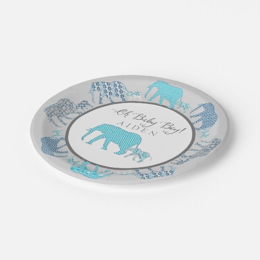 Oh Baby Boy Patterned Elephants Chevron Modern Papieren Bordje (Gekanteld)