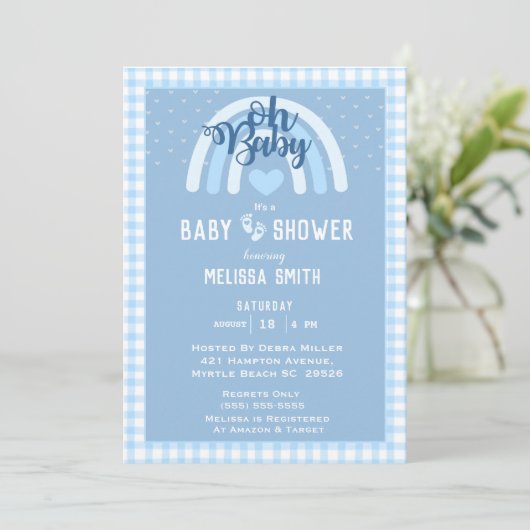 Oh Baby Boy Rainbow Heart Blue Baby shower Kaart (Staand voorkant)