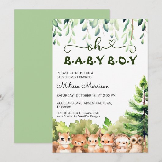 Oh Baby Boy Woodland Shower Kaart (Voorkant / Achterkant)