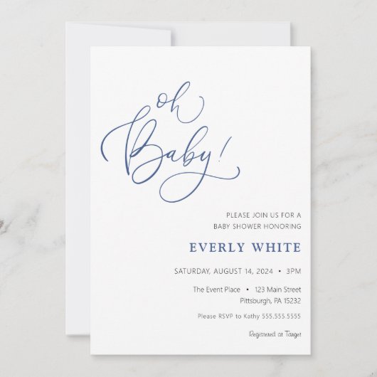 "Oh Baby" Calligrafie Blue Baby shower uitnodiging (Voorkant)
