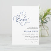 "Oh Baby" Calligrafie Blue Baby shower uitnodiging (Staand voorkant)