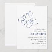 "Oh Baby" Calligrafie Blue Baby shower uitnodiging (Voorkant / Achterkant)