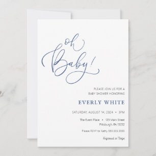"Oh Baby" Calligrafie Blue Baby shower uitnodiging