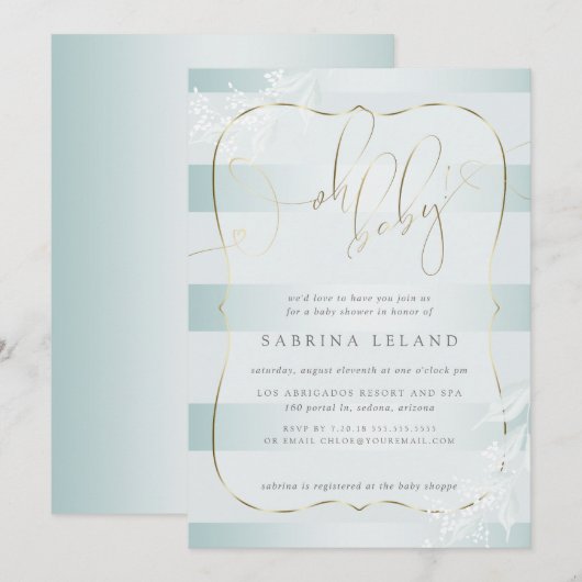 OH Baby. Calligrafie Ombré Blauwgroen blauwe strep Kaart (Voorkant / Achterkant)