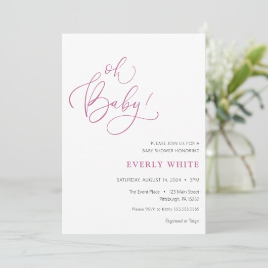 "Oh Baby" Calligrafie Roze Baby shower uitnodiging (Staand voorkant)