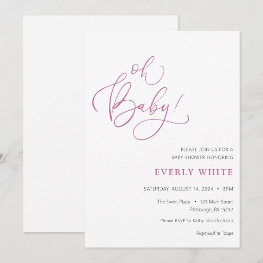 "Oh Baby" Calligrafie Roze Baby shower uitnodiging (Voorkant / Achterkant)