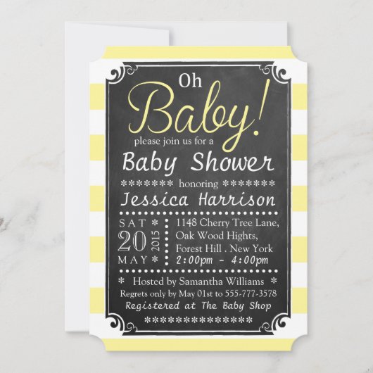 Oh Baby! Chalkboard en geel Stripe Baby shower Kaart (Voorkant)