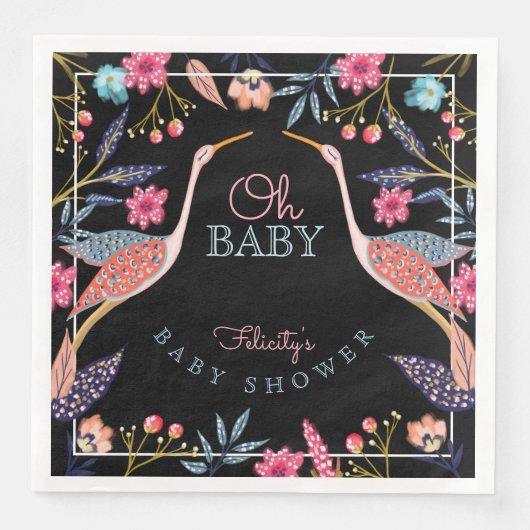 Oh Baby | Chic Floral Botanical Stork Baby shower Servet (Voorkant)