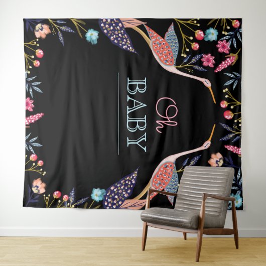 Oh Baby | Chic Floral Botanical Stork Baby shower Wandkleed (In Situ (horizontaal))