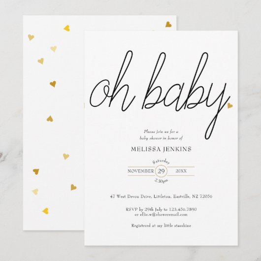 Oh Baby Chic Script Gouden Hart Baby Shower Kaart (Voorkant / Achterkant)