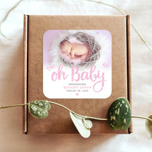 Oh Baby Chic Zoet Modern Roze Meisje Geboorte Foto Vierkante Sticker