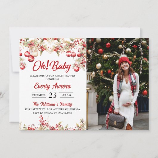 Oh! Baby Christmas Floral Baby shower Foto Kaart (Voorkant)