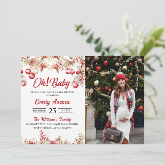 Oh! Baby Christmas Floral Baby shower Foto Kaart (Staand voorkant)