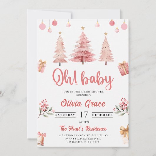 Oh Baby! Christmas Pink Winter Tree Baby shower Kaart (Voorkant)