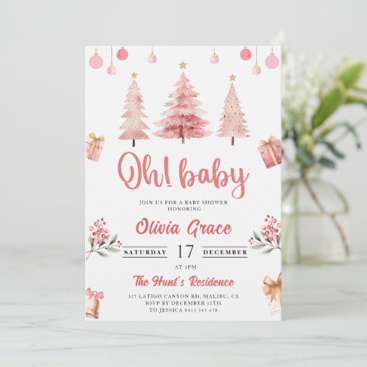 Oh Baby! Christmas Pink Winter Tree Baby shower Kaart (Staand voorkant)