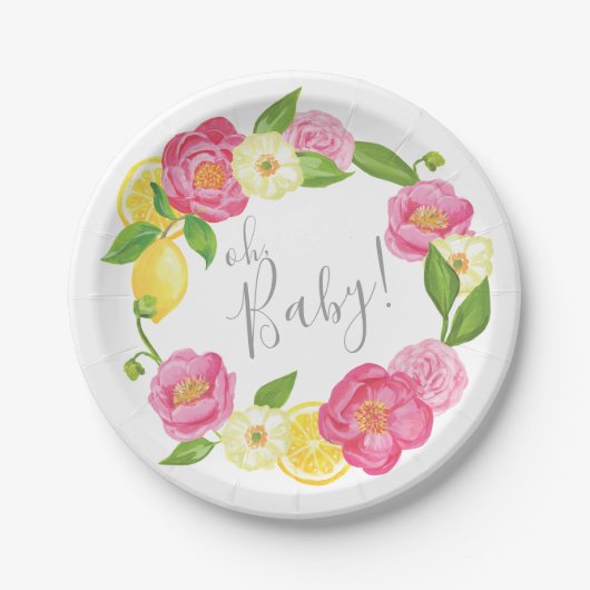 Oh Baby Citrus Lemon Floral Baby shower Lemon Roos Papieren Bordje (Voorkant)