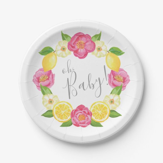 Oh Baby Citrus Lemon Floral Wreath Baby shower Papieren Bordje (Voorkant)
