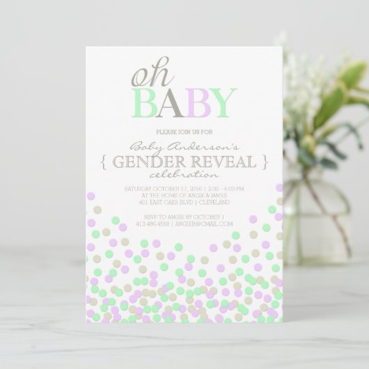 Oh Baby Confetti Gender Reveal Party | Paarse Aqua Kaart (Staand voorkant)