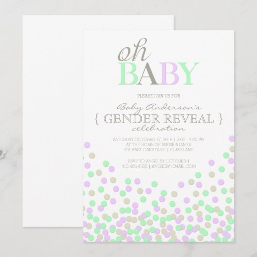 Oh Baby Confetti Gender Reveal Party | Paarse Aqua Kaart (Voorkant / Achterkant)