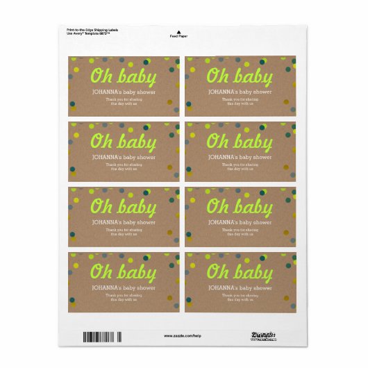 Oh Baby Confetti Kraft papieren waterflesje gunst Etiket (Full Sheet)
