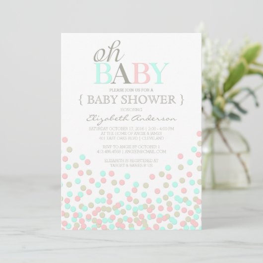 Oh Baby Confetti | Moderne Baby Shower Uitnodiging (Staand voorkant)
