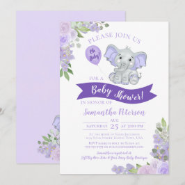 Oh Baby! Cute Elephant Paars Floral Baby shower Kaart