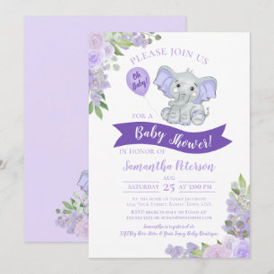Oh Baby! Cute Elephant Paars Floral Baby shower Kaart